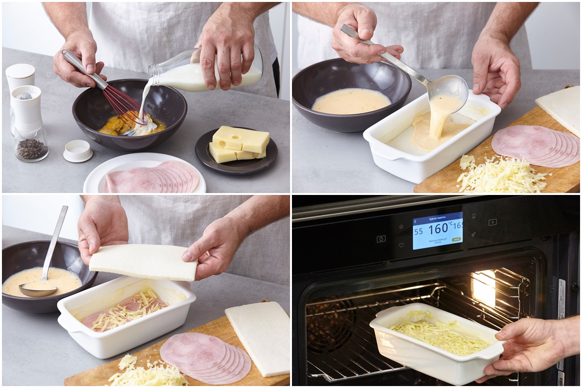 Colaj de poze cu pașii de preparare sandvișuri pentru rețeta de ouă Benedict cu sandvișuri gratinate la cuptor
