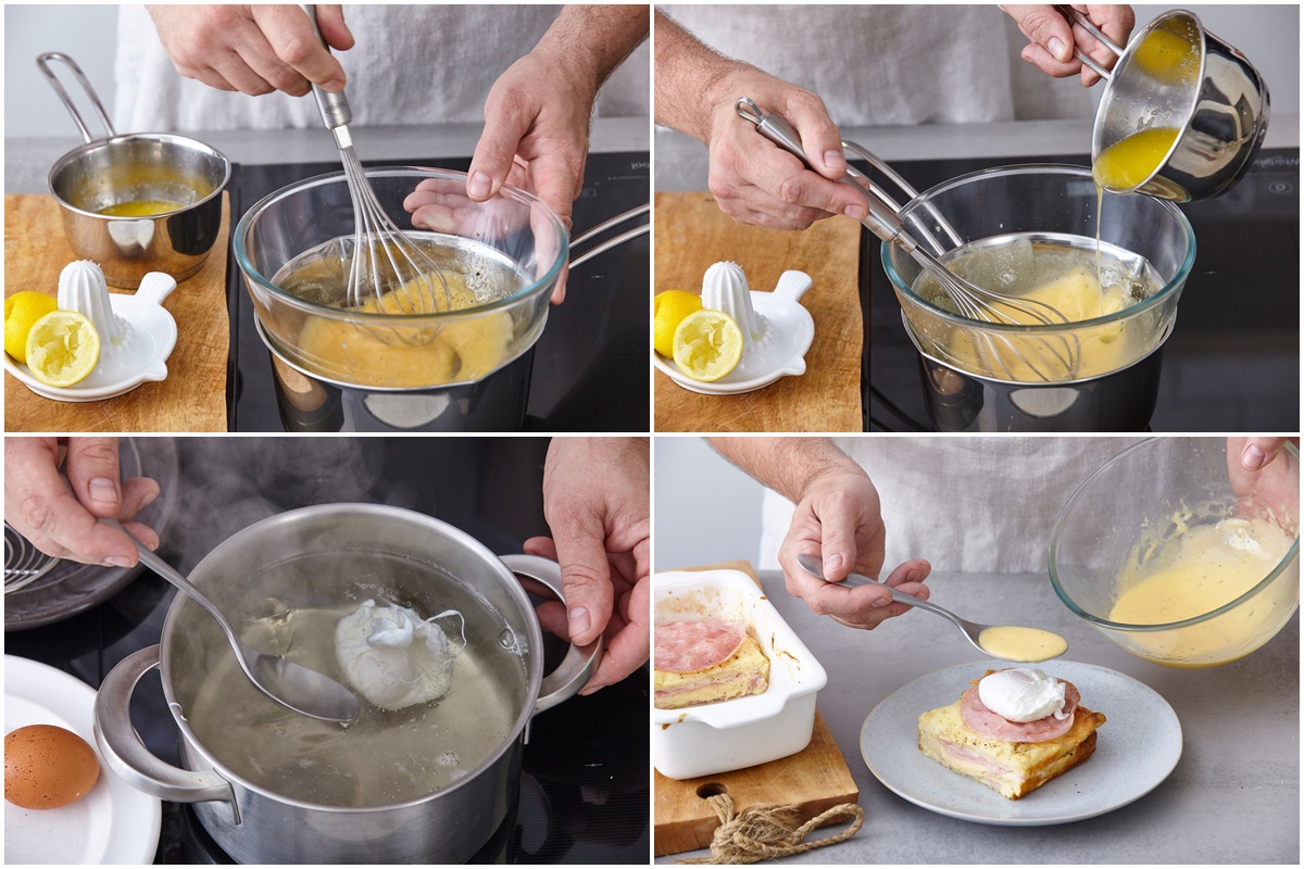 Colaj de poze cu pasul de preparare sos olandez pentru rețeta de ouă Benedict cu sandvișuri gratinate la cuptor