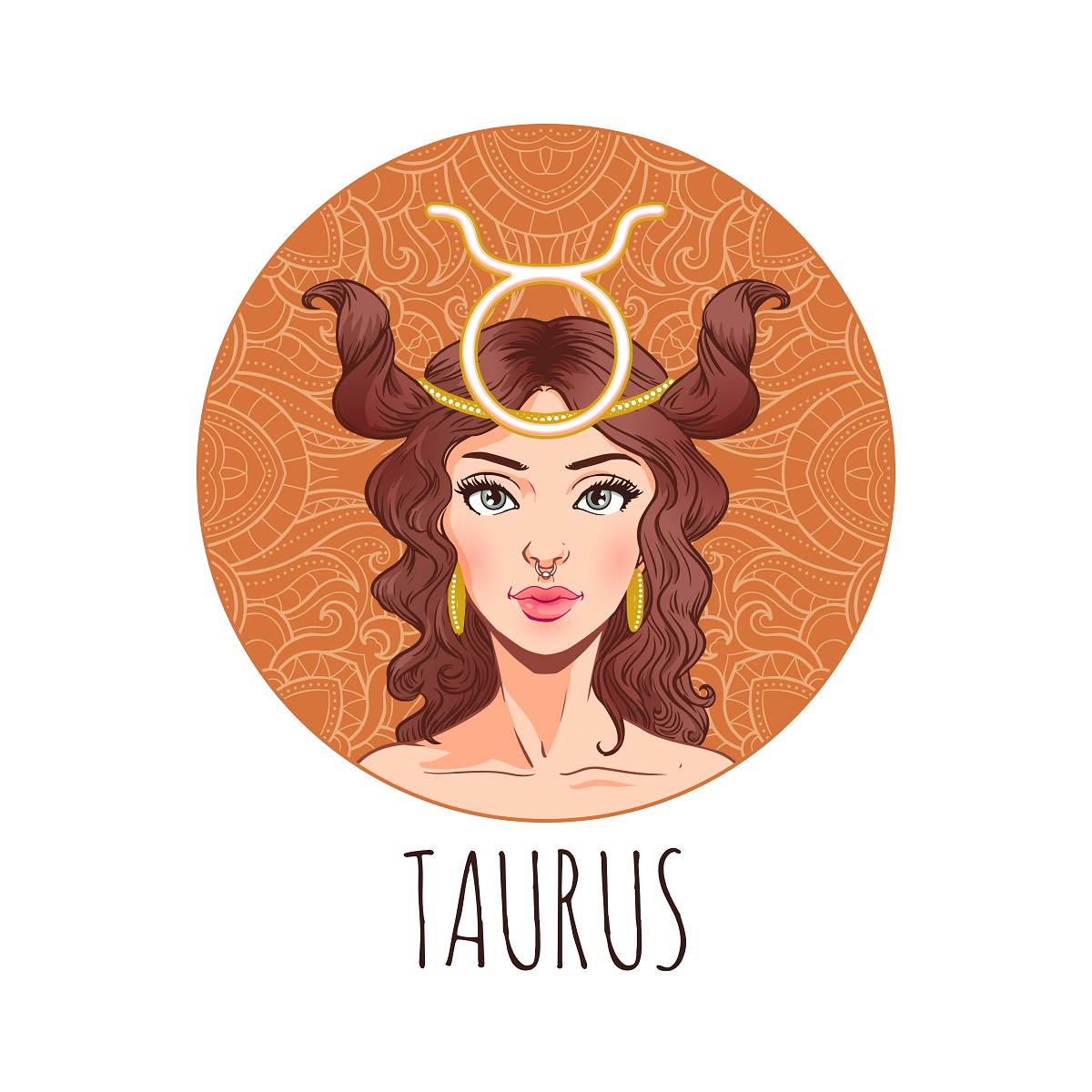o femeie frumoasă reprezentând zodia taurului într-un cadran maro cu părul creț