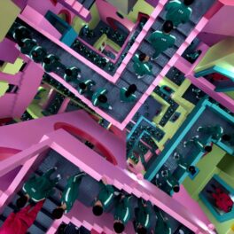 O scenă din Squid Game în care jucătorii merg pe scări roz de lego