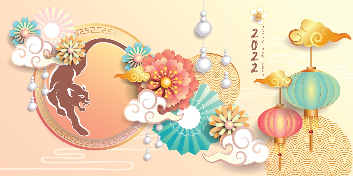 O imagine reprezentativă cu un tigru și multe flori pentru a simboliza horoscopul chinezesc în 2022 patronat de Tigrul de Apă