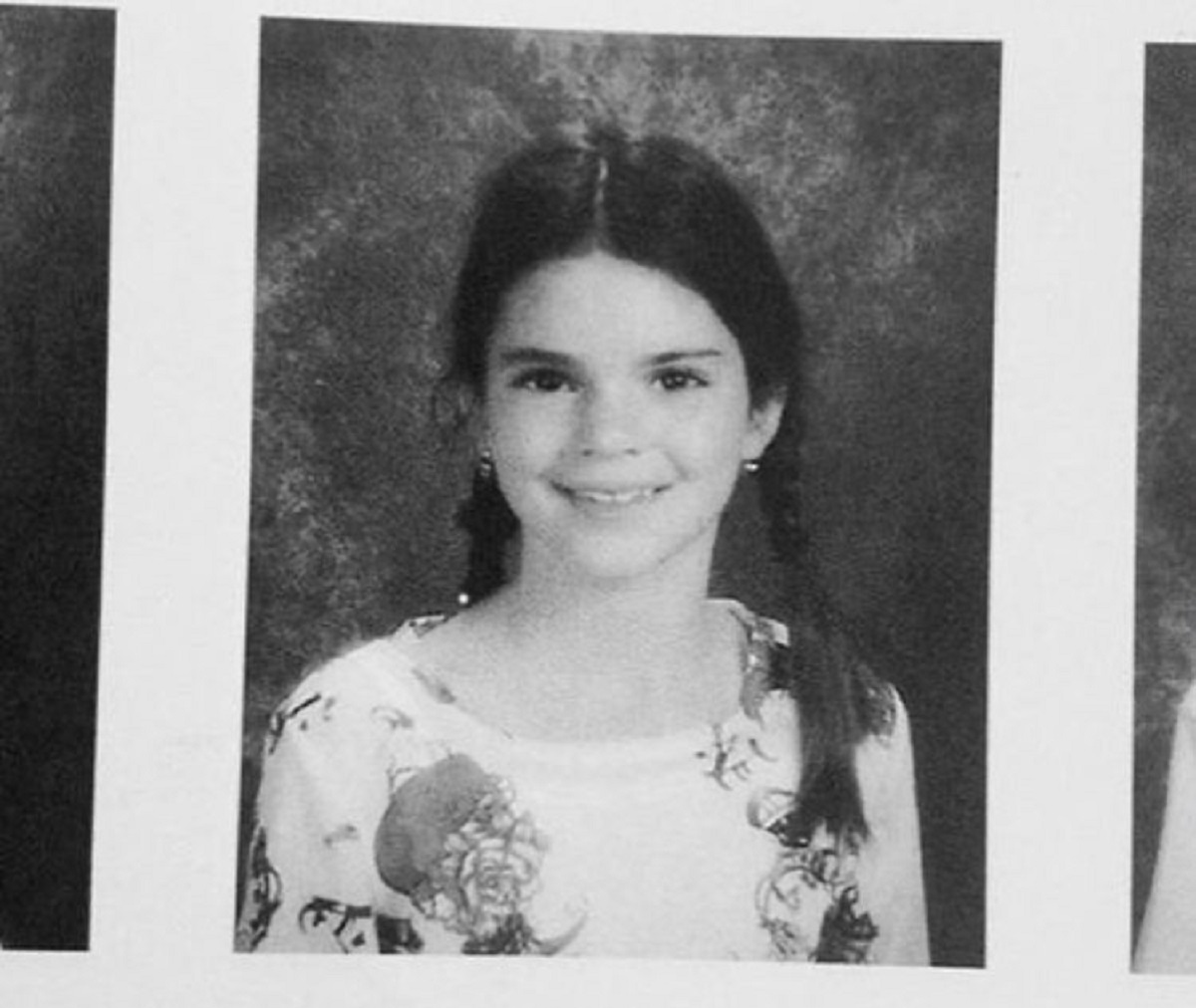 Kendall Jenner într-o poză de album alb negru cu codițe din copilărie