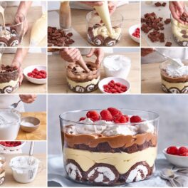 Colaj de poze cu pașii de preparare creme și asamblare a desertului trifles cu aromă de cafea și coniac