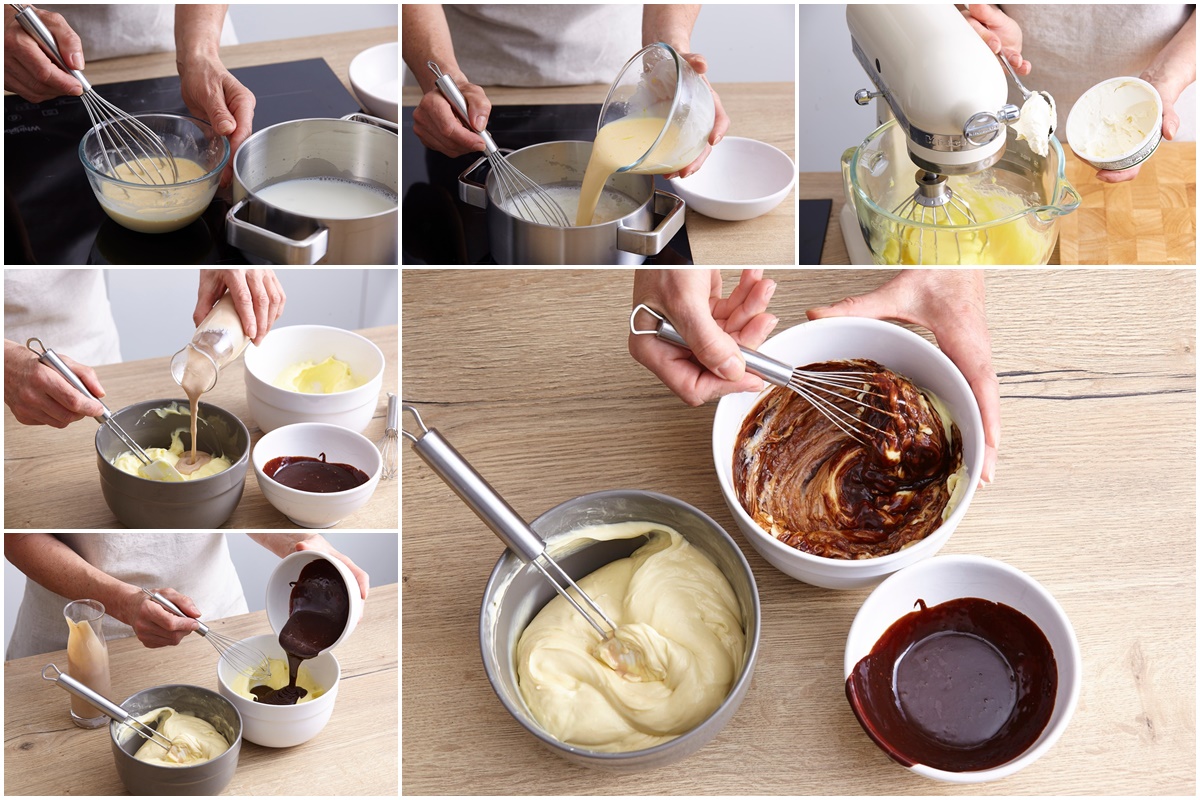 Colaj de poze cu pașii de preparare a cremelor pentru rețeta de trifles cu aromă de cafea și coniac