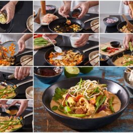 Colaj de poze cu pașii de preparare ai rețetei din bucătăria thailandeză