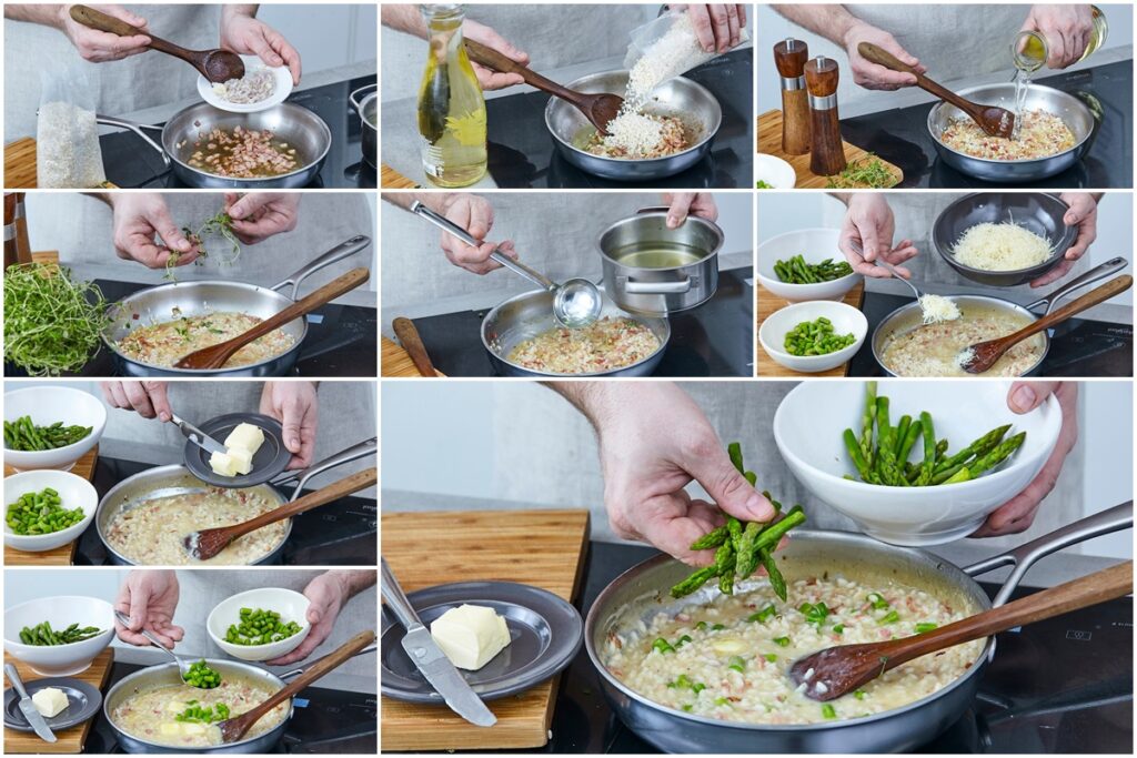 Colaj de poze cu pașii de preparare ai rețetei de risotto cu sparanghel și parmezan