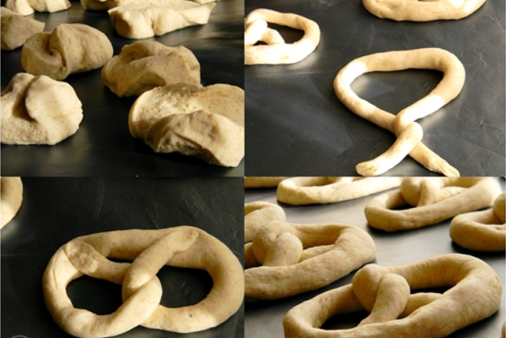 Collage of images with the steps of modeling homemade pretzels with salt