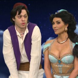 Kim Kardashian și Pete Davidson, într-o scenetă, costumați în Jasmine și Alladin, la SNL
