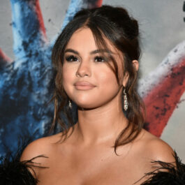 Selena Gomez, într-o rochie cu pene, machiată discret, coafată elegant