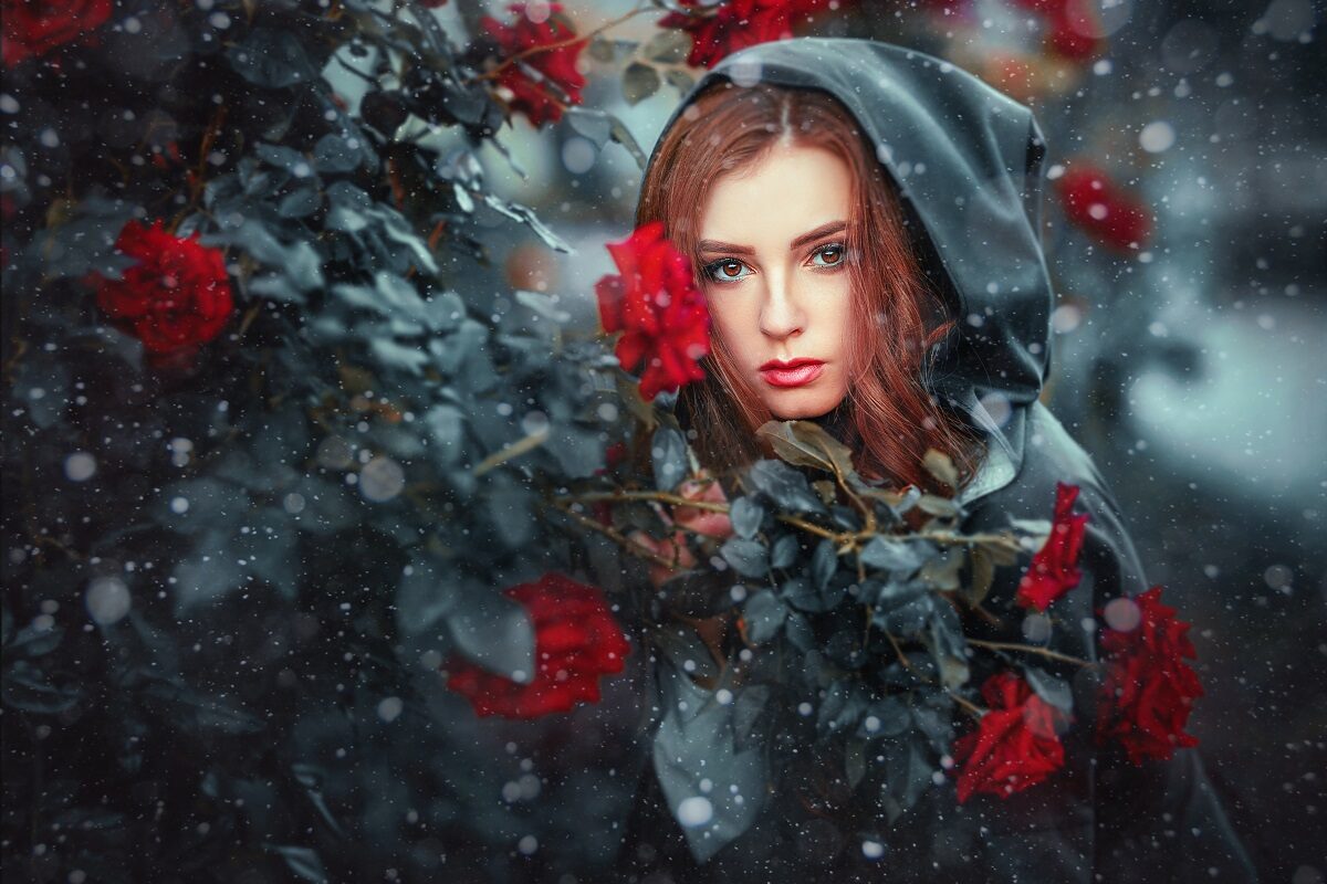 O femeie frumoasă care poartă o pelerină neagră și stă lângă un gard de trandafiri roșii pentru a reprezenta una din cele trei zodii ghinioniste în ziua de 14 ianuarie 2022