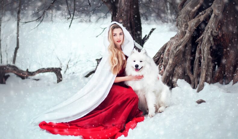 O femeie frumoasă într-o rochie roșie cu o pelerină albă în timp ce stă alături de un câine alb într-o pădure acoperită de zăpadă pentru a reprezenta una din cele trei zodii norocoase în ziua de 8 ianuarie 2022