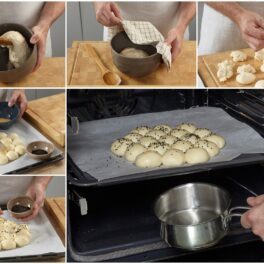 Colaj de poze cu pașii de preparare pâine sub formă de chifle