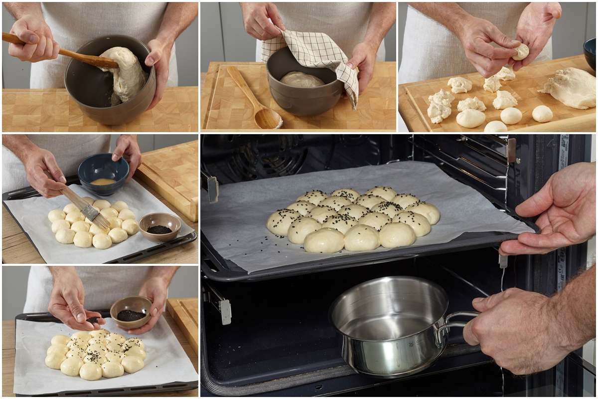 Colaj de poze cu pașii de preparare pâine sub formă de chifle