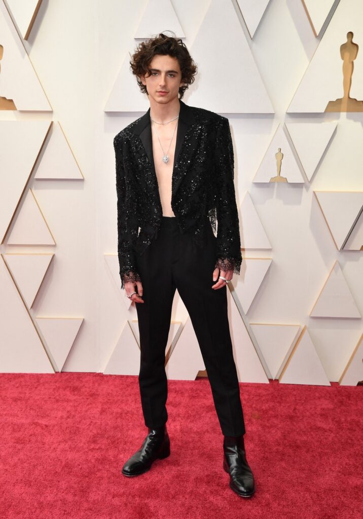 Timothee Chalamet într-un sacou negru, la bustul gol, în timp ce pozează pe covorul roșu la Gala Premiilor Oscar 2022