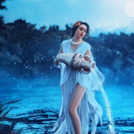 O femeie frumoasă îmbrăcată într-o rochie alba care stă pe o stâncă și toarnă apă dintr-un ulcior pentru a reprezenta zodia Vărsător
