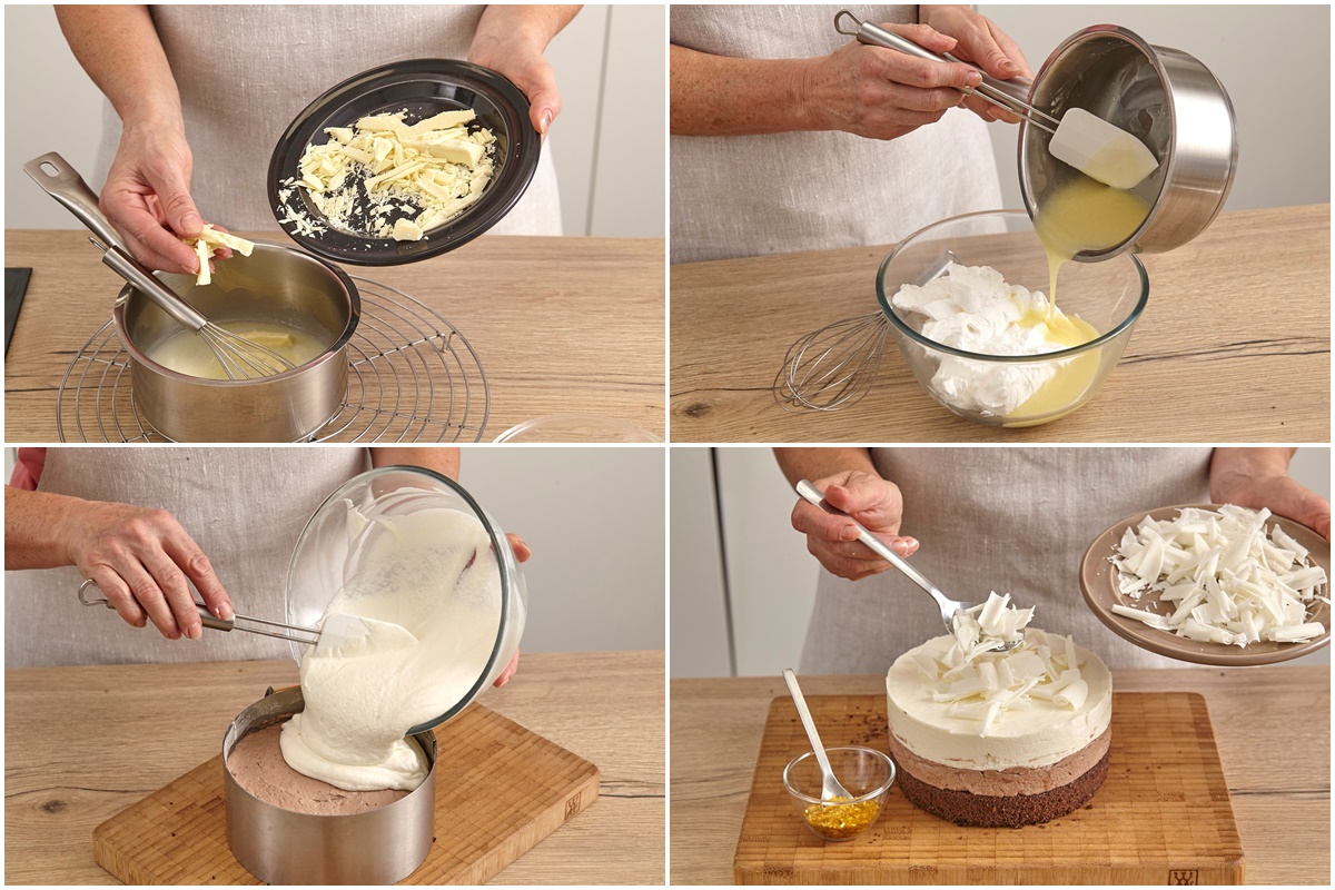 Colaj de poze cu pașii de preparare mousse de ciocolată albă și asamblare tort