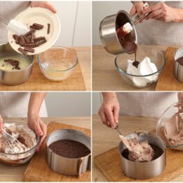 Colaj de poze cu pașii de preparare mousse de ciocolată amăruie