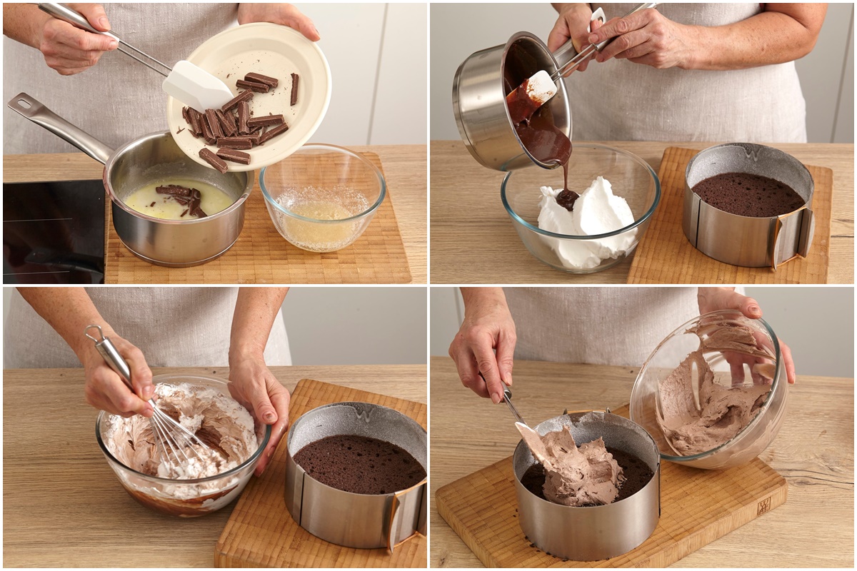 Colaj de poze cu pașii de preparare mousse de ciocolată amăruie