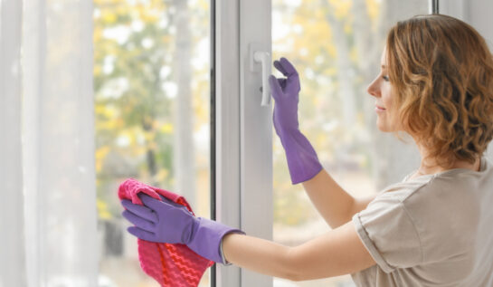 O femeie care curăță geamurile pe interior, cu o cârpă în mână și mănuși mov