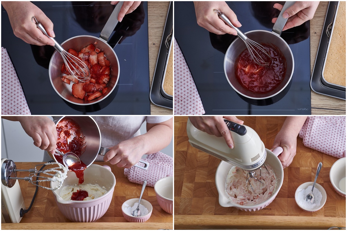 Colaj de poze cu pașii de preparare ai cremei de căpșuni