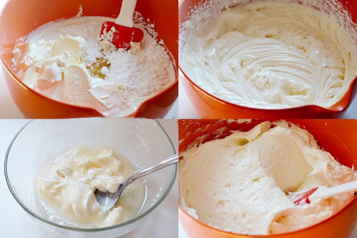 Colaj de poze cu pașii de preparare cremă de brânză