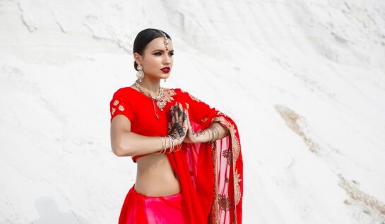O femeie frumoasă care poartă o rochie roșie tradițională din portul indian pentru a reprezenenta horoscpul indian