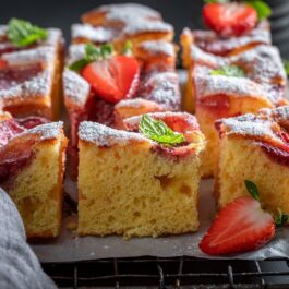Prăjitură spornică cu căpșuni porționată și decorată cu zahăr pudră și frunze de mentă