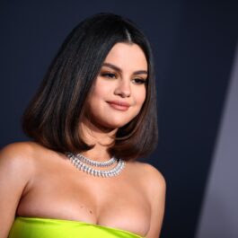 Selena Gomez într-o rochie mulată în nunață de lime în timp ce pozează pe covorul roșu la American Music Awards 2019