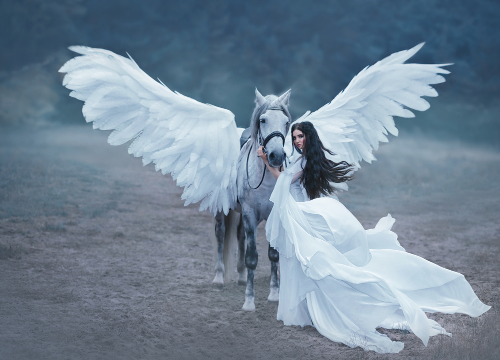 O fată frumoasă stă lângă un cal alb cu aripi