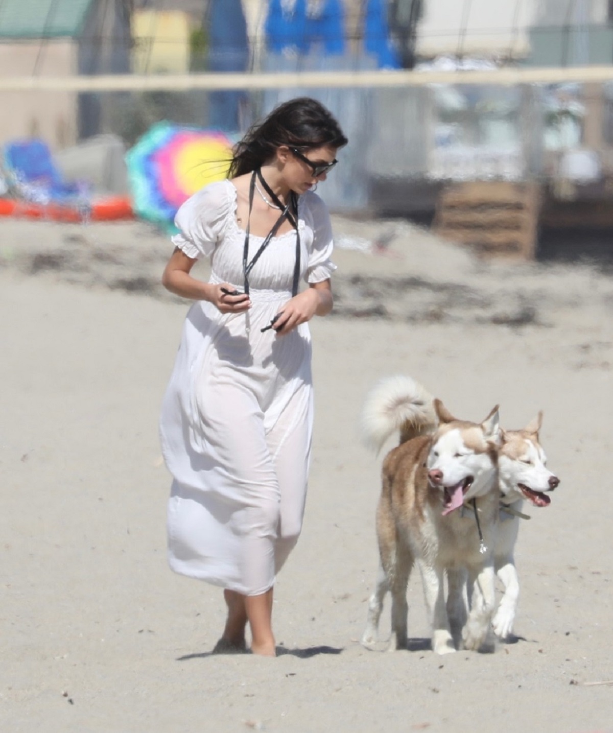 Camila Morrone în timp ce se plimbă pe plaja din Malibu alături de doi câini din rasa husky
