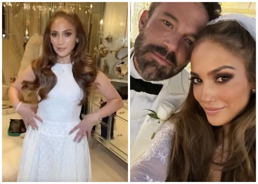 Una din rochiile de mireasă purtate de Jennifer Lopez de-a lungul timpului surprinsă de această dată la nunta avută cu Ben Affleck în 2022