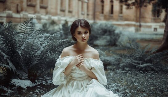 O femeie frumoasă care poartă o rochie albă și este tristă în fața unui castel pentru a ilustra acele zodii care se despart pe datat de 9 iulie 2022