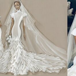 Colaj cu schița rochiei de mireasă purtată de Jennifer Lopez la nuntă