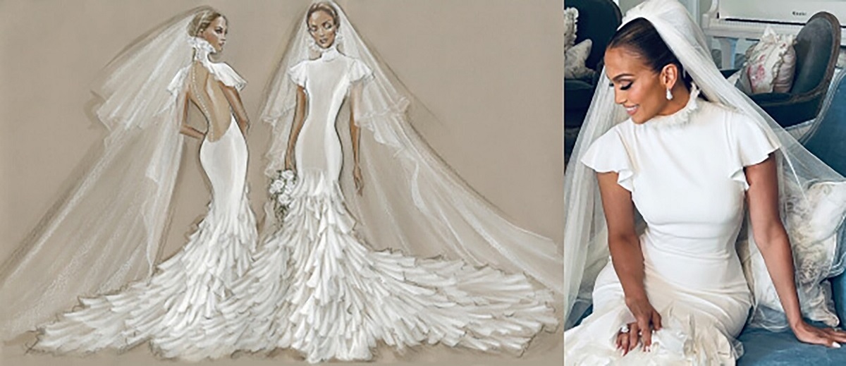 Colaj cu schița rochiei de mireasă purtată de Jennifer Lopez la nuntă