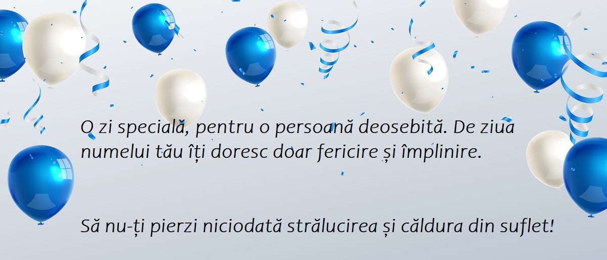 O felicitare cu baloane albastre pe care se află mesaje de Sfânta Maria 2022