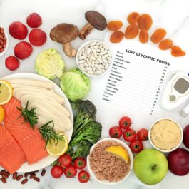 O masă pe care se află alimente care pot ajuta la reglarea nivelului zahărului din sânge