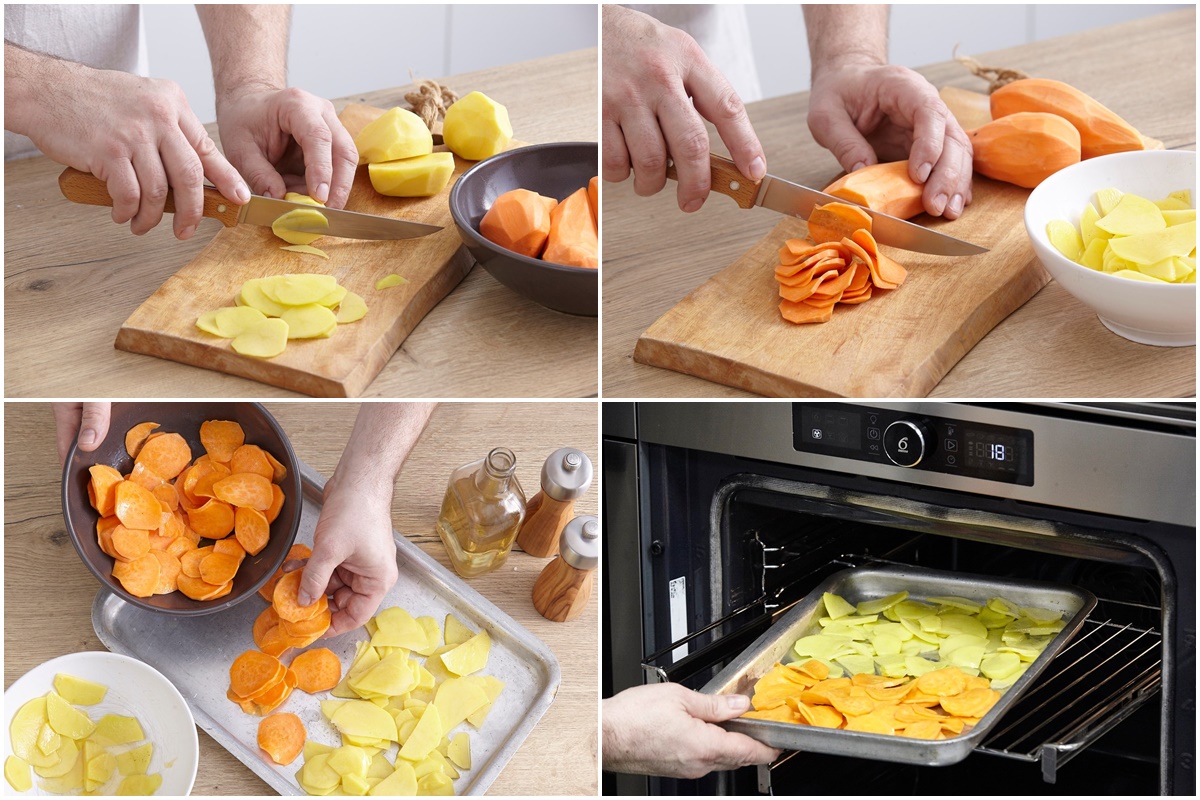 Colaj de poze cu pașii de preparare chipsuri de cartofi și de morcovi