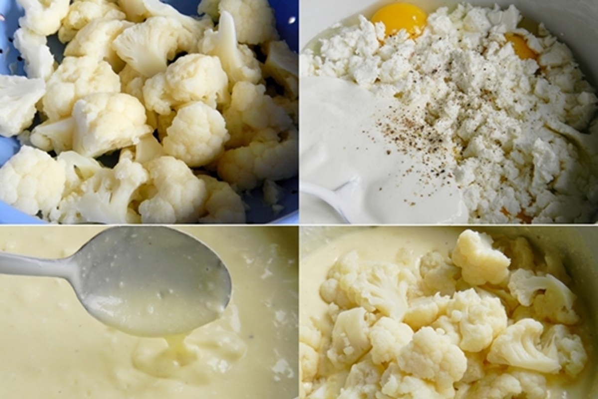 Colaj de poze cu pașii de preparare ai sufleului de conopidă cu brânză