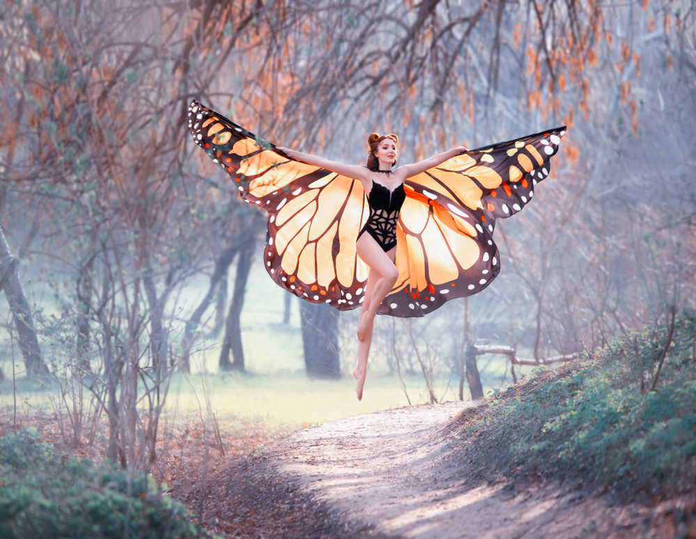 Fată frumoasă cu aripi de fluture se află în pădure