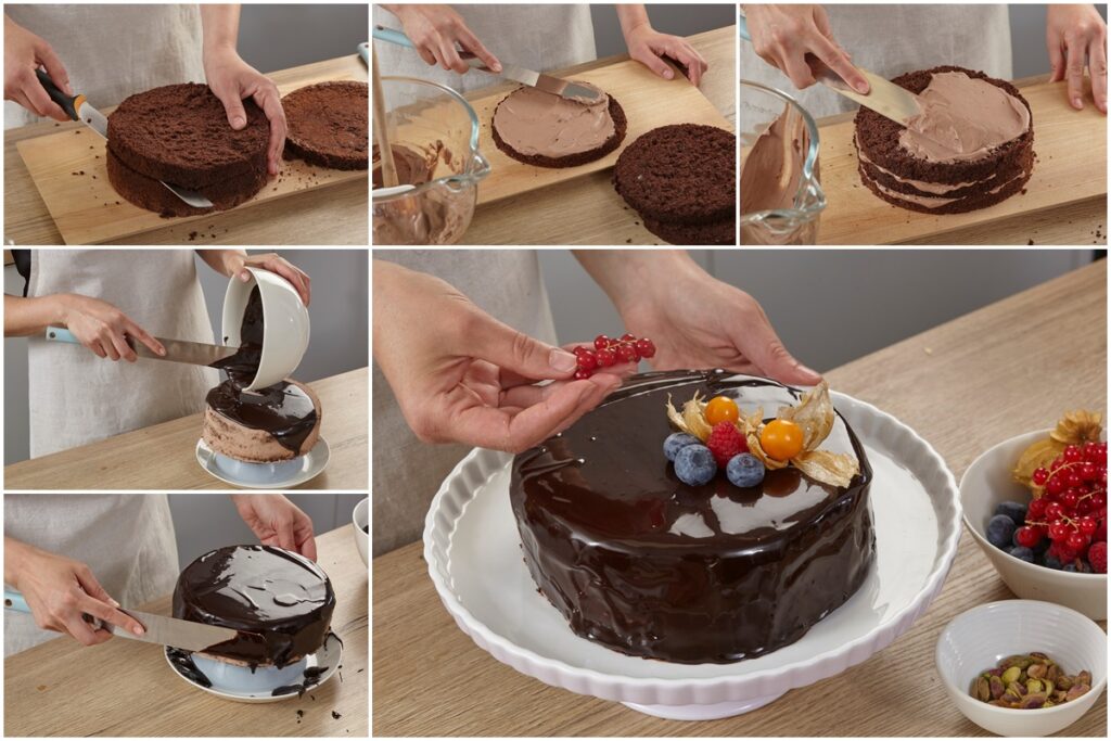 Colaj de poze cu pașii de preparare ai tortului cu ciocolată