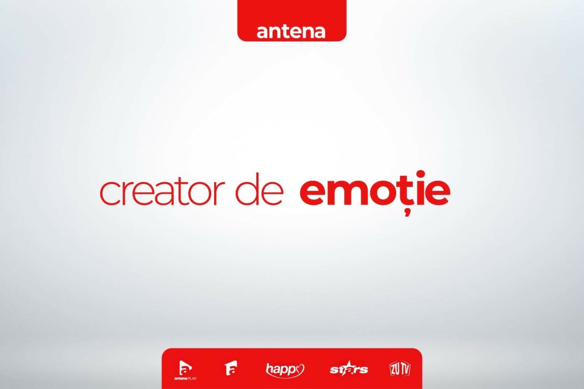Un poster pe care se află mesajul creator de emoție marca Antena 1, alături de siglele canalelor afiliate Antena 1