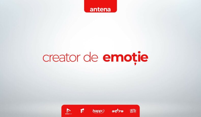 Un poster pe care se află mesajul creator de emoție marca Antena 1, alături de siglele canalelor afiliate Antena 1