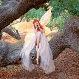Fată frumoasă cu aripi de zână stă pe un copac căzut