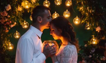 Un cuplu de îndrăgostiți în fața multor luminițe pentru a ilustra zodiile norocoase în dragoste pe datat de 23 octombrie 2022
