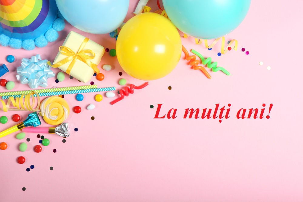 Felicitare cu baloane, confetii, bomboane, cu textul la mulți ani