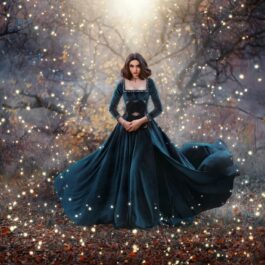Fată frumoasă îmbrăcată într-o rochie lungă stă într-o pădure înconjurată de lumini
