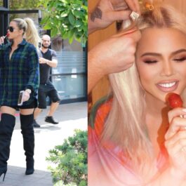 Colaj poze cu Khloe Kardashian care mănâncă o bomboană roșie