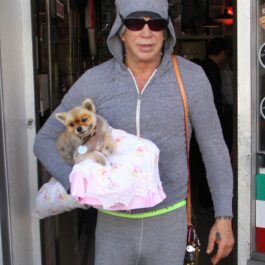 Mickey Rourke, cu câinele în brațe, pe stradă