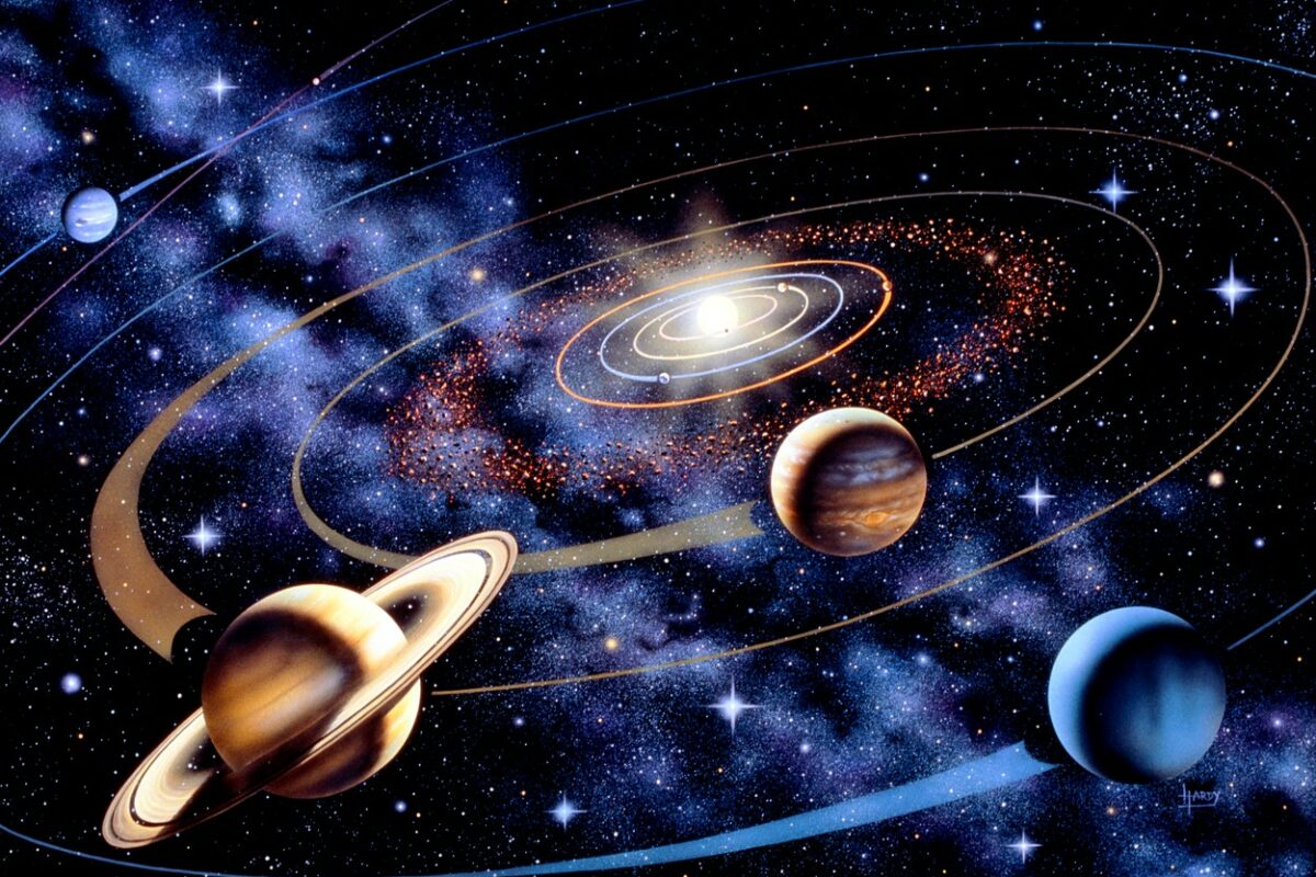Planetele sistemului solar pe un fundal albastru închis