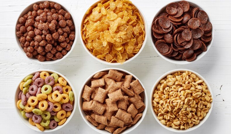 Mai multe boluri de cereale dulci, crocante și de diferite culori sunt alimente cu un conținut scăzut de fibre